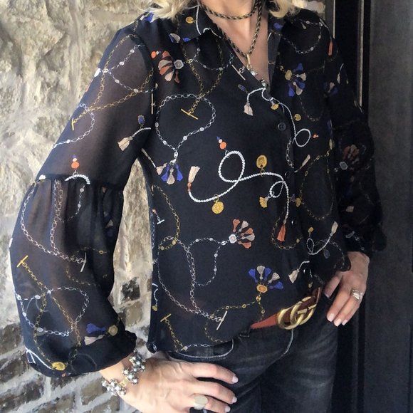 CAbi Tops - Beautiful & Like New! Cabi Black Necklace Print Victoria Blouse Size Med…